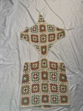 Festival Handmade Crochet Two-Piece Halter Set in Cream, Olive & Mustard